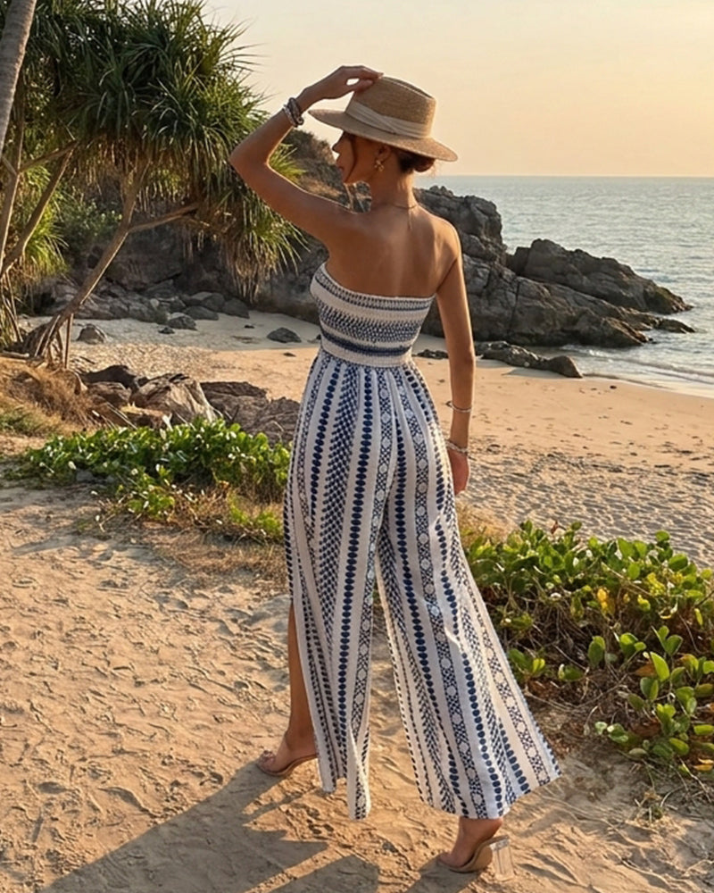 Boho Halter & Strapless High Split Wide Leg Jumpsuit
