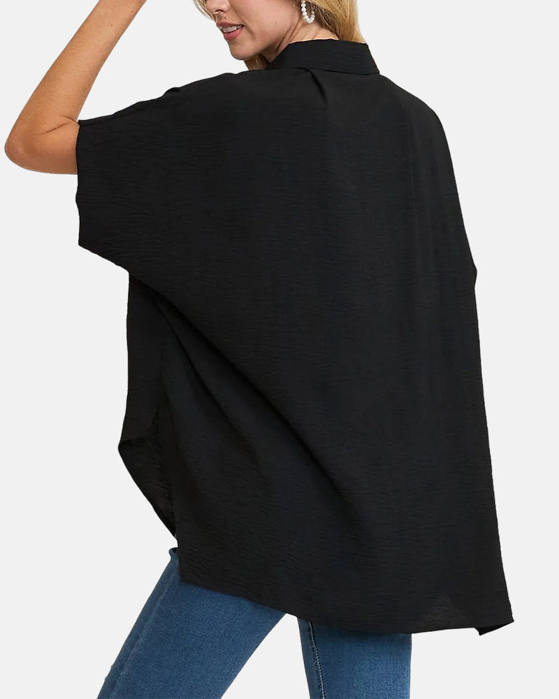V Neck Batwing Short Sleeve Button Down Oversized Minimalist Blouse