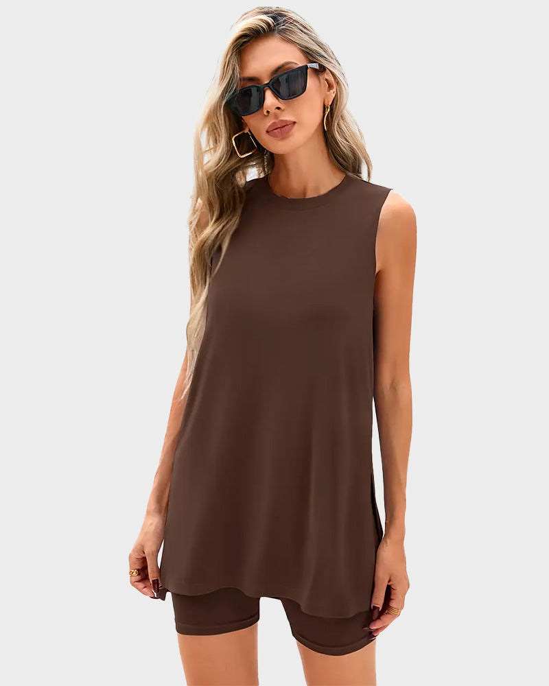 Sleeveless Crewneck 2 Piece Shorts Set Split Hem Casual Basic Fitted Homewear