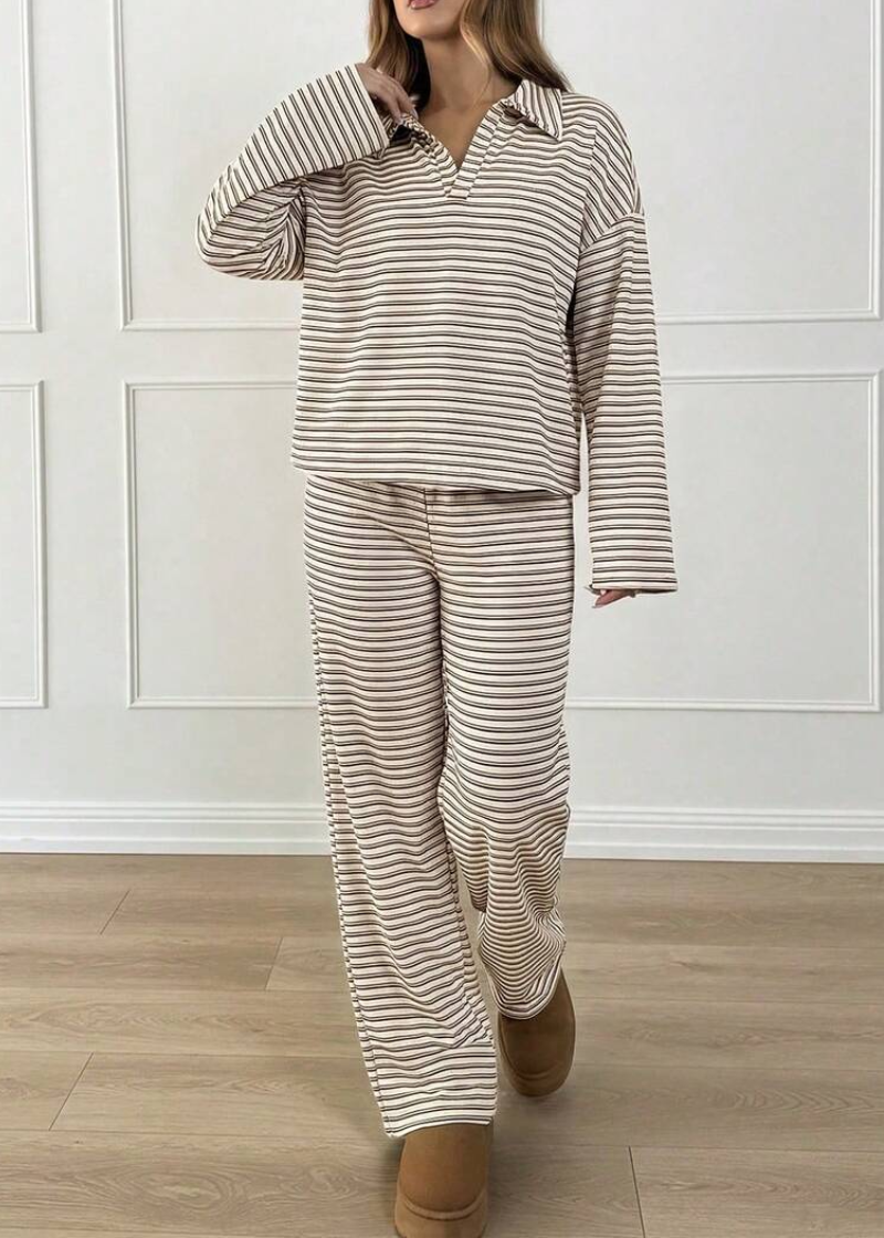 Striped Casual Pajama Set V Neck Drop Shoulder Tee & Elastic Pants Lounge Set