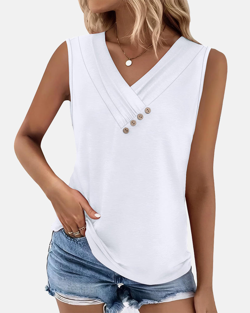 Summer Button Down V Neck Sleeveless Loose Fit Fashion Top