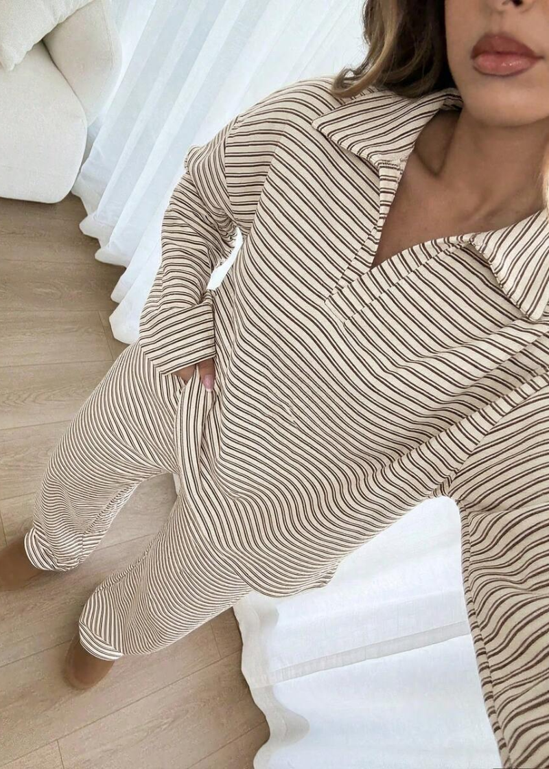 Striped Casual Pajama Set V Neck Drop Shoulder Tee & Elastic Pants Lounge Set