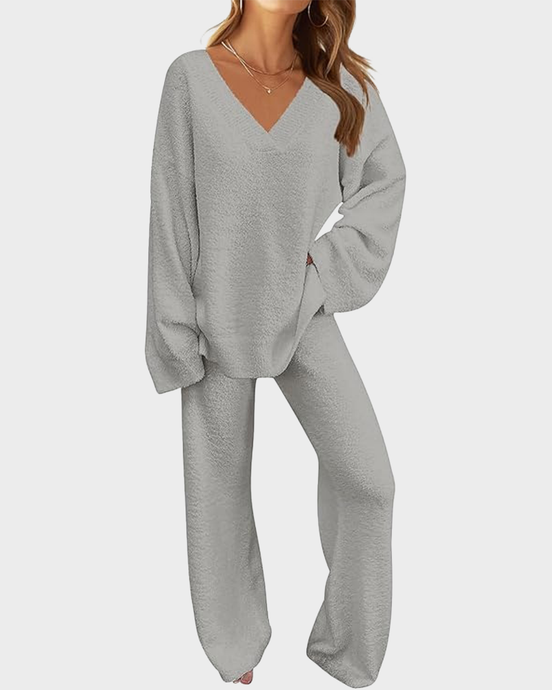 Soft Fuzzy V-Neck Sweater Pajama Set - 2-Piece Loungewear