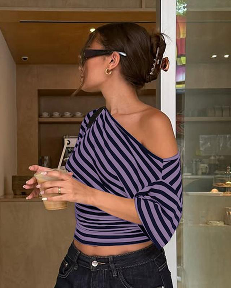 Asymmetrical One Shoulder Striped Asymmetrical Short Sleeve Top
