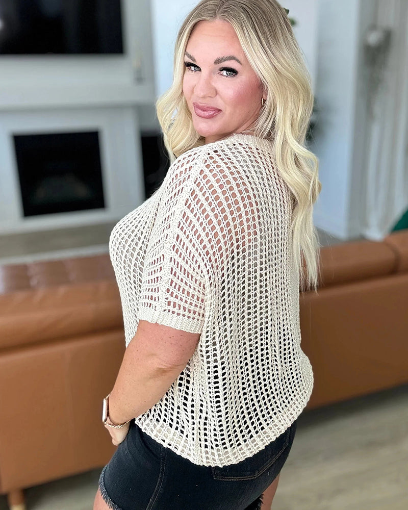 Scoop Neck Short Sleeve Crochet Hollow Out Knit Pullover Top Beach Coverup