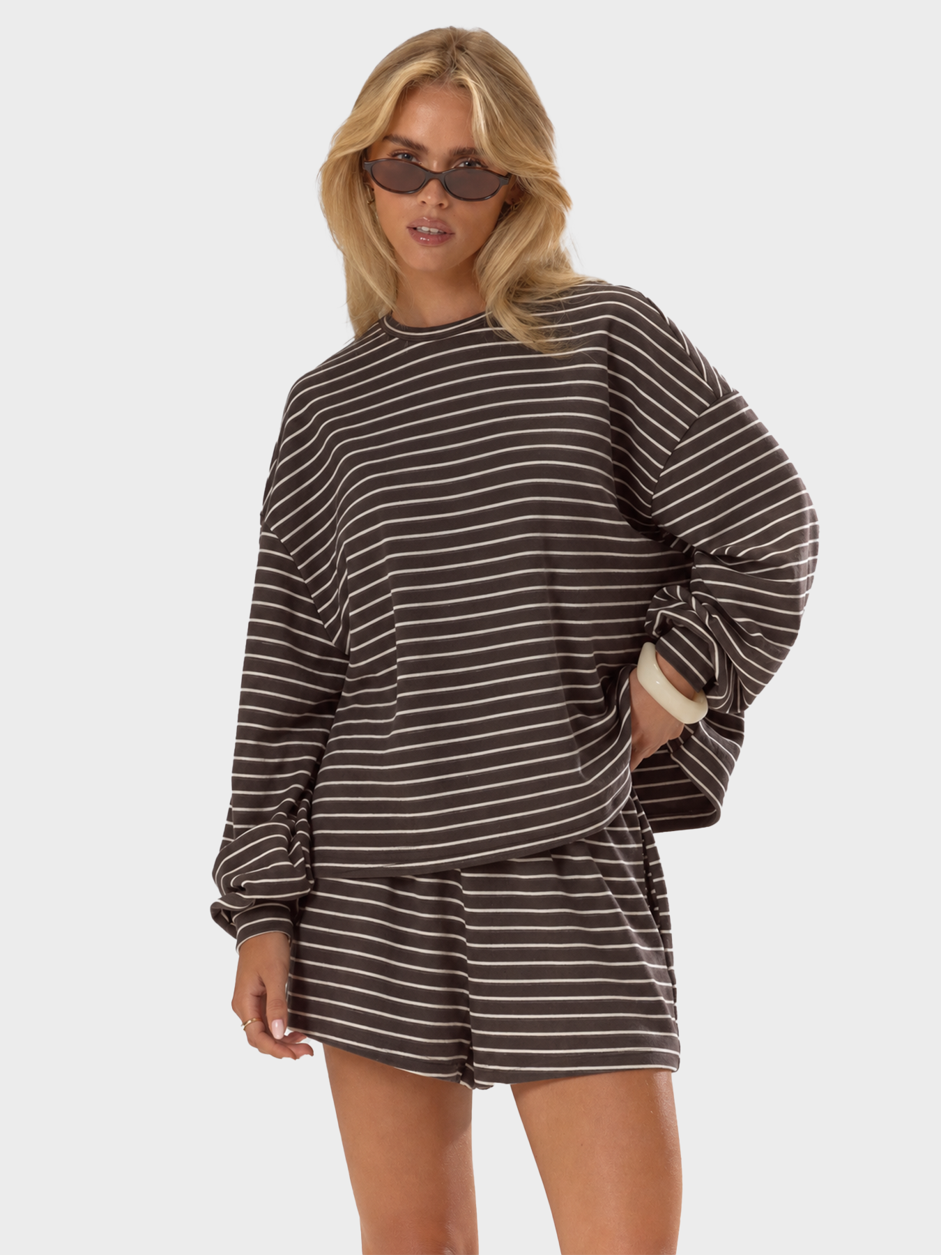 Striped Oversized 2-Piece Lounge Set – Long Sleeve Top & Pocket Shorts