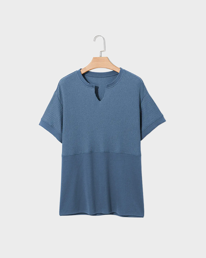 Waffle Knit V Neck Short Sleeve Tunic Soft Solid Minimalist Basic Plus Size Daily Top