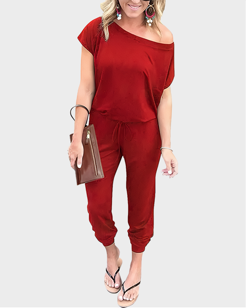 Women's Plus Size Off Shoulder Elastic Waist Loose Minimalist Jumpsuit Casual Lightweight Romper