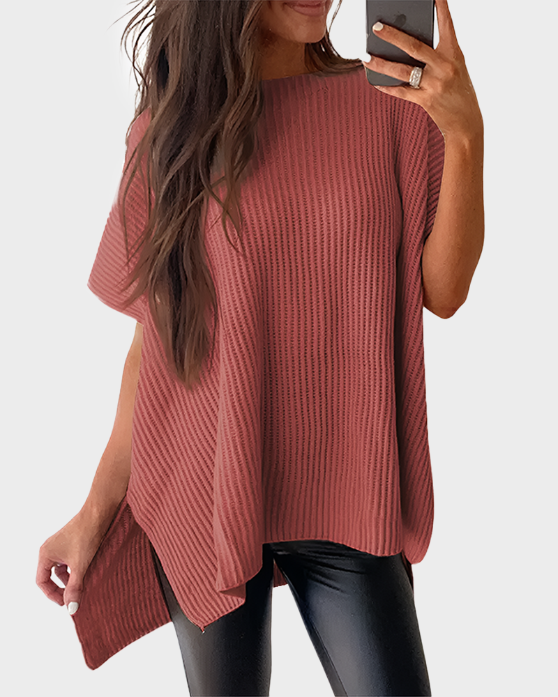 Summer Vibes Oversized Ribbed Crew Neck Knit Top with Side Slit