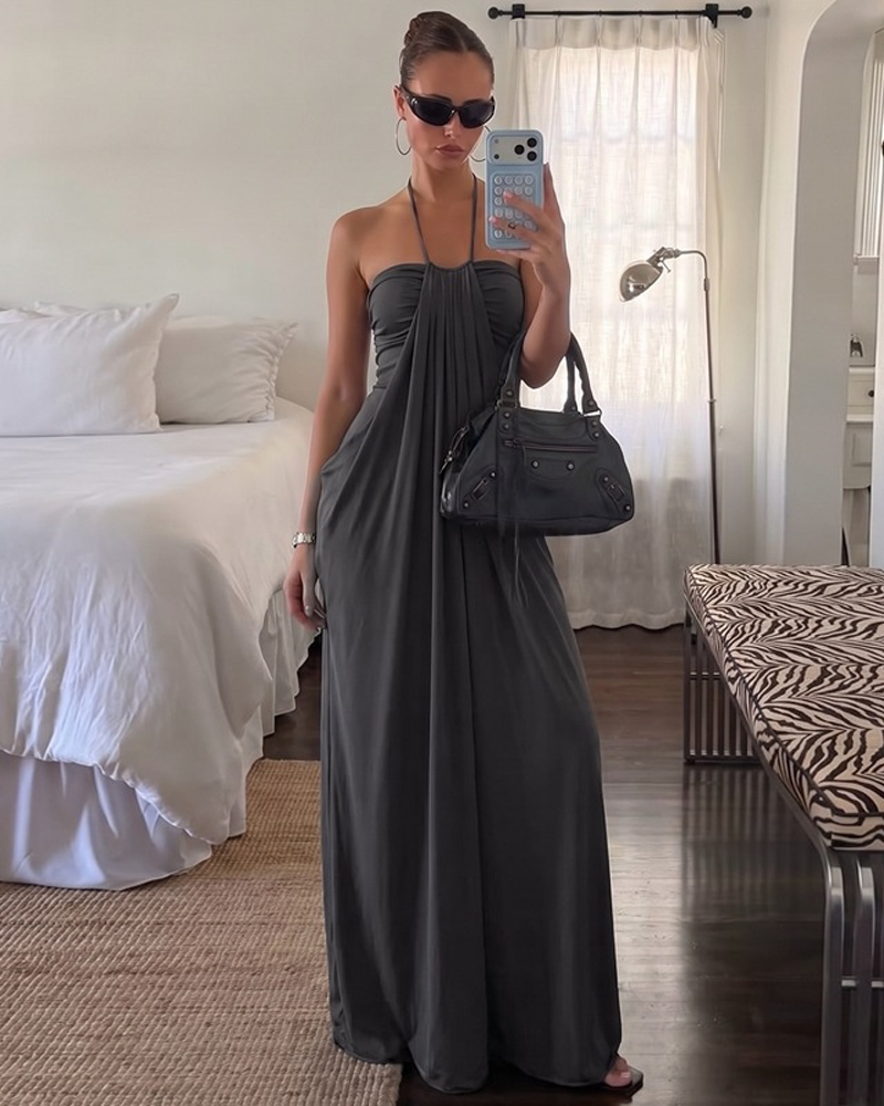 Strapless Halter Neck Sexy Backless with Pockets Tie Back Maxi Dress