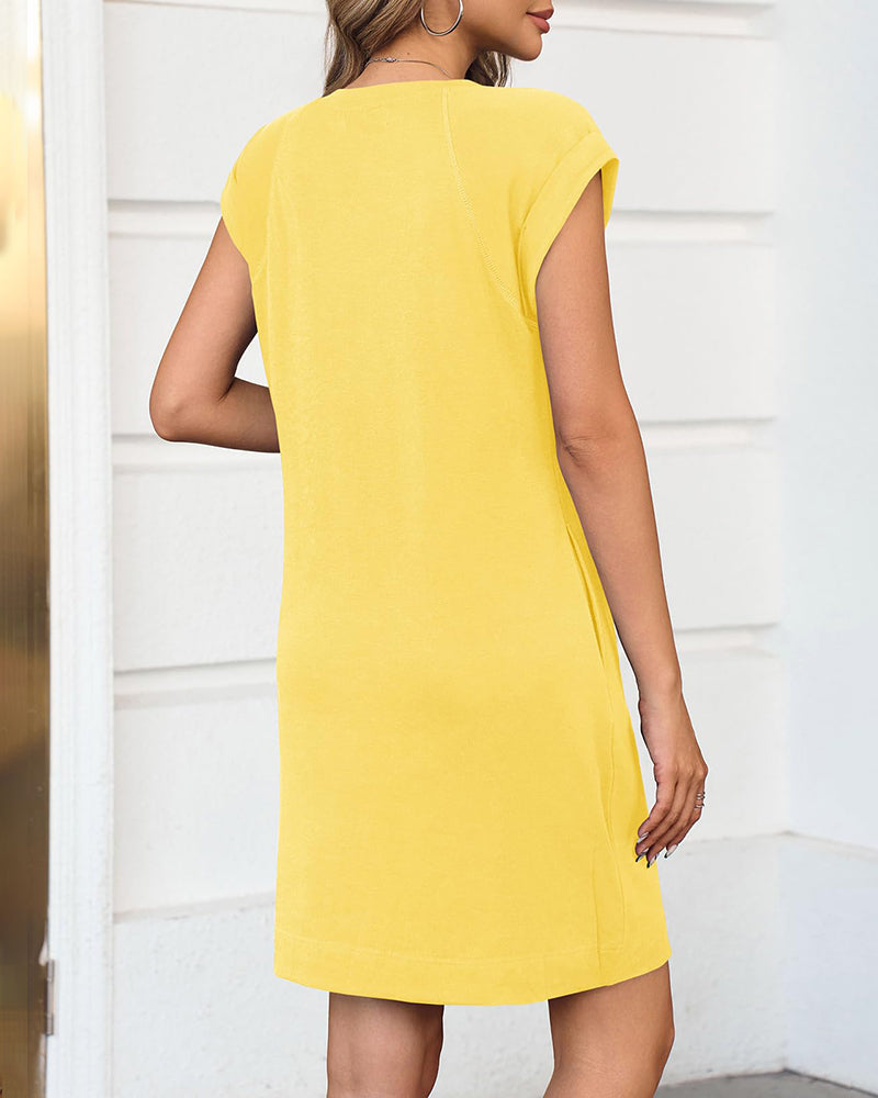 Sleeve Crewneck Loose Shift T Shirt Mini Dress with Pockets