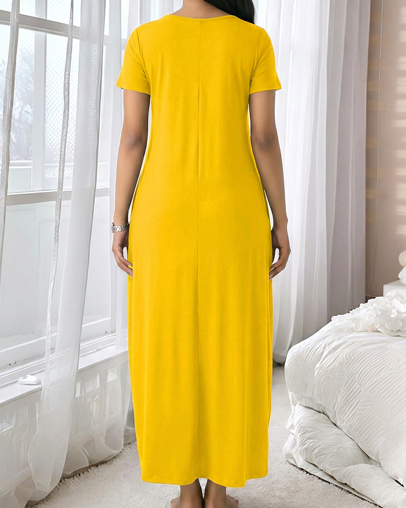 Fitted Short Sleeve Pocket Soft Loungewear Sleepwear Dress