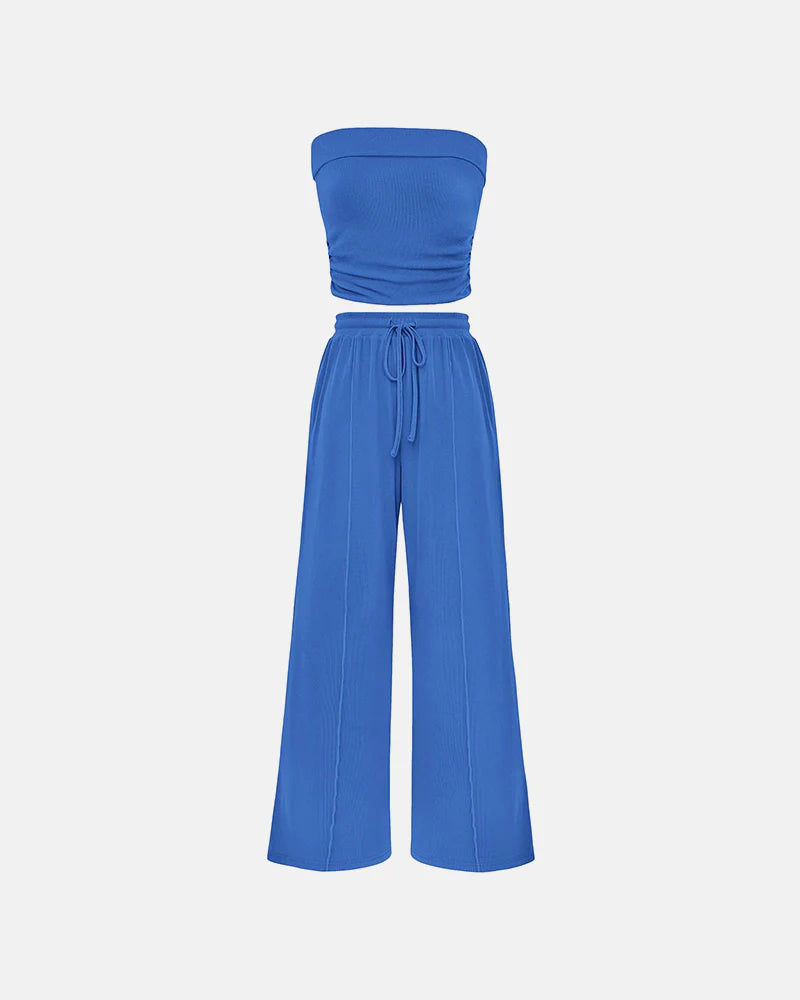 Summer Ribbed Knit Matching Set – Tube Top & Wide Leg Pants