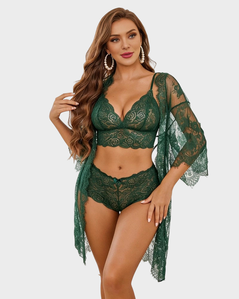 3 Piece Lace Lingerie Set Wrap Robe Sheer Night Dress with Bra & Brief
