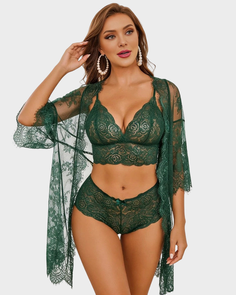 3 Piece Lace Lingerie Set Wrap Robe Sheer Night Dress with Bra & Brief
