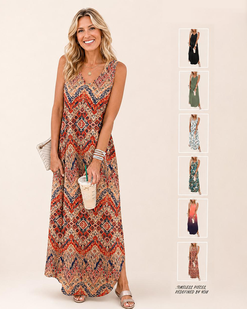 Summer Casual Floral Maxi Dress Vacation Beach Sundress with Pockets