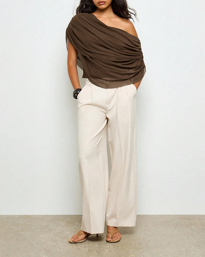 Off Shoulder Draped Twist Flowy Asymmetrical Crop Top