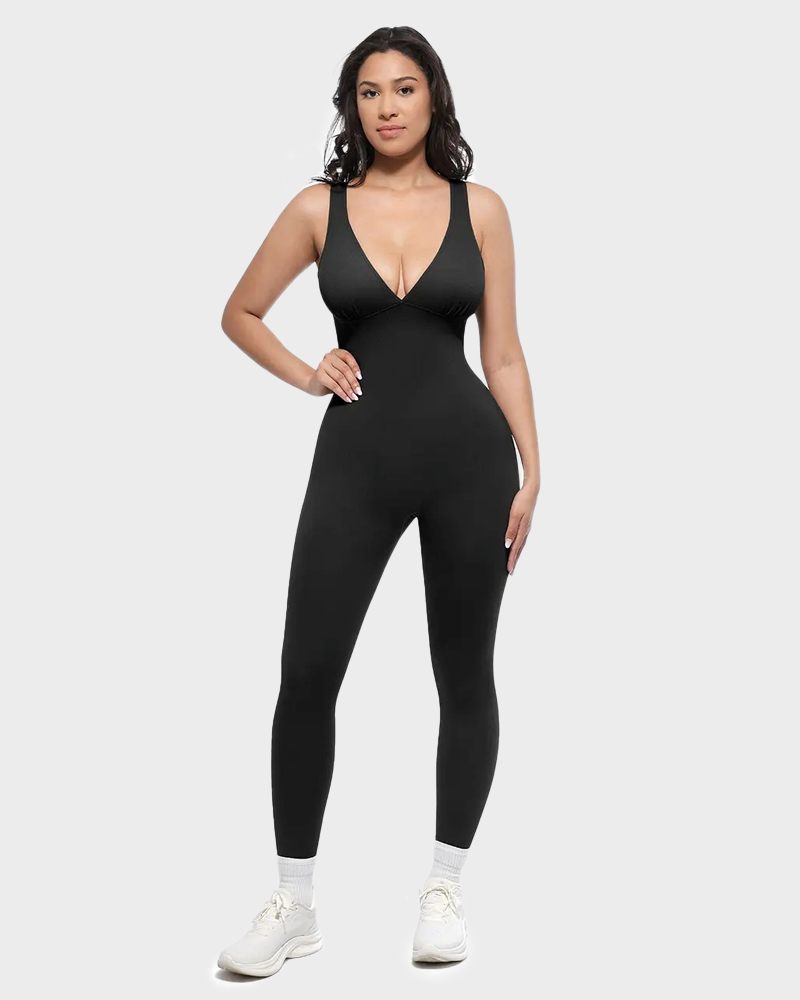 Deep V High Waisted Tummy Control Jumpsuit Breathable Shapewear