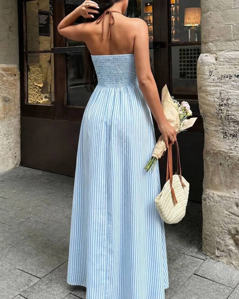 French Stripe Halter Dress Deep V Waist Cinch Color Block Floor Length Beach Dress