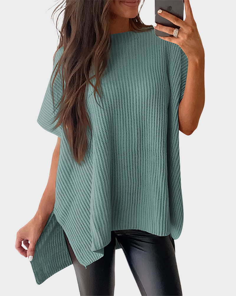 Summer Vibes Oversized Ribbed Crew Neck Knit Top with Side Slit