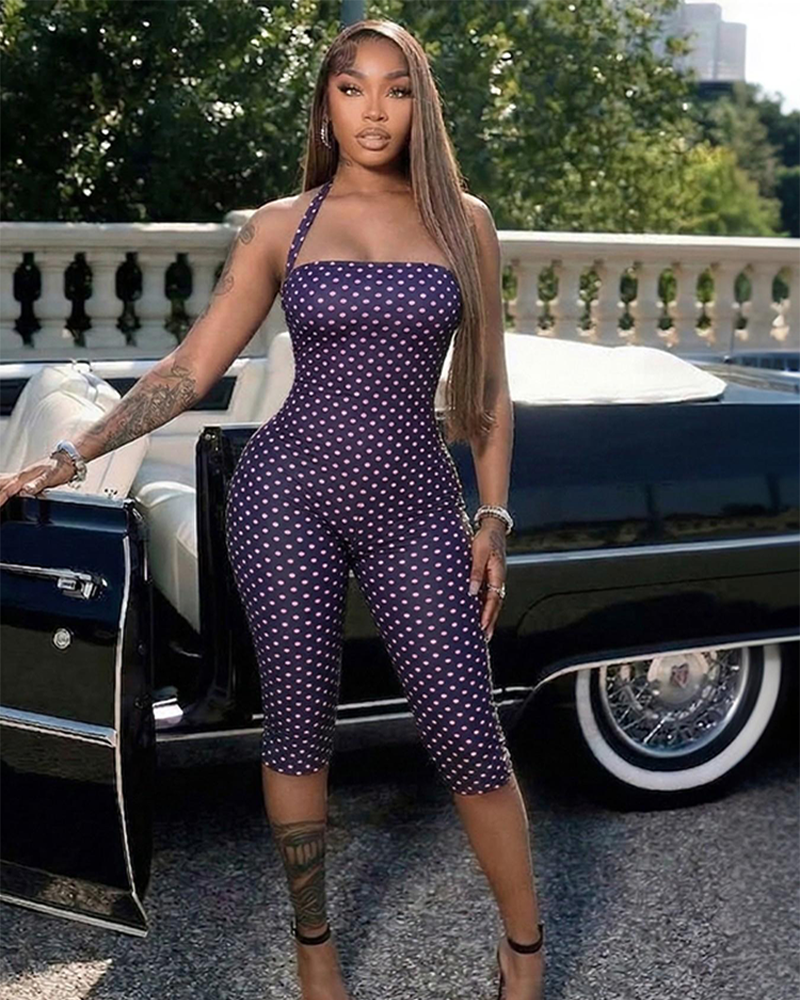 Women's Polka Dot Sleeveless Halter Bodycon Jumpsuit