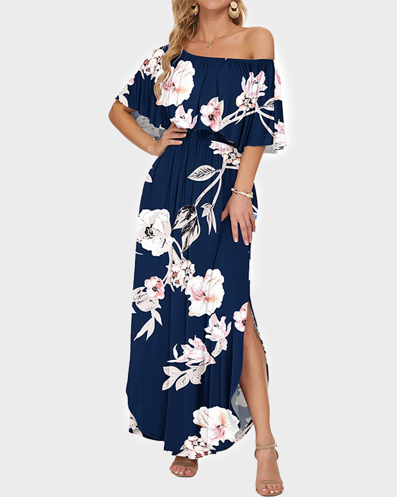 Women's Off The Shoulder Long Ruffle Maxi Dress with Pockets
