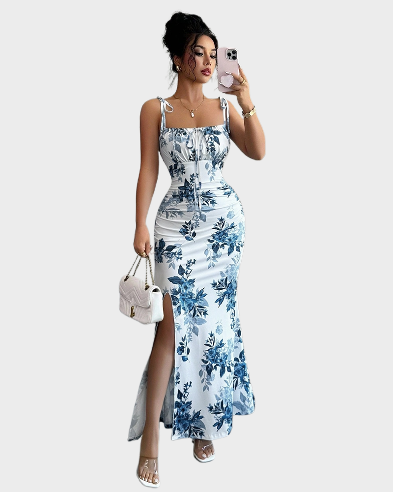 Fine Strap Bow Waist Floral Ruched Hem Slit Fitted Casual Slimming Elegant Dress