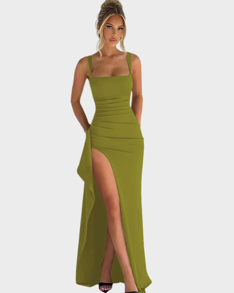 Women's Plain Backless Slip Thigh Split Floor Length Sleeveless Dress