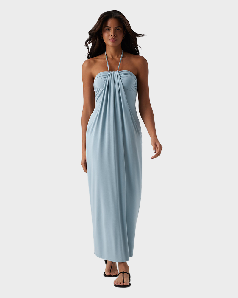 Strapless Halter Neck Sexy Backless with Pockets Tie Back Maxi Dress
