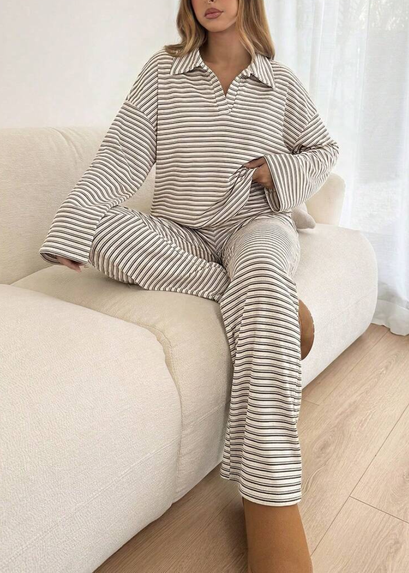 Striped Casual Pajama Set V Neck Drop Shoulder Tee & Elastic Pants Lounge Set