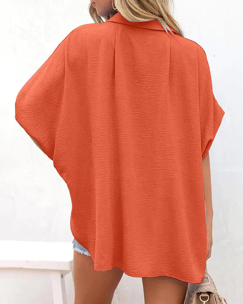 V Neck Batwing Short Sleeve Button Down Oversized Minimalist Blouse