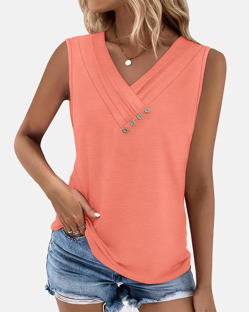 Summer Button Down V Neck Sleeveless Loose Fit Fashion Top