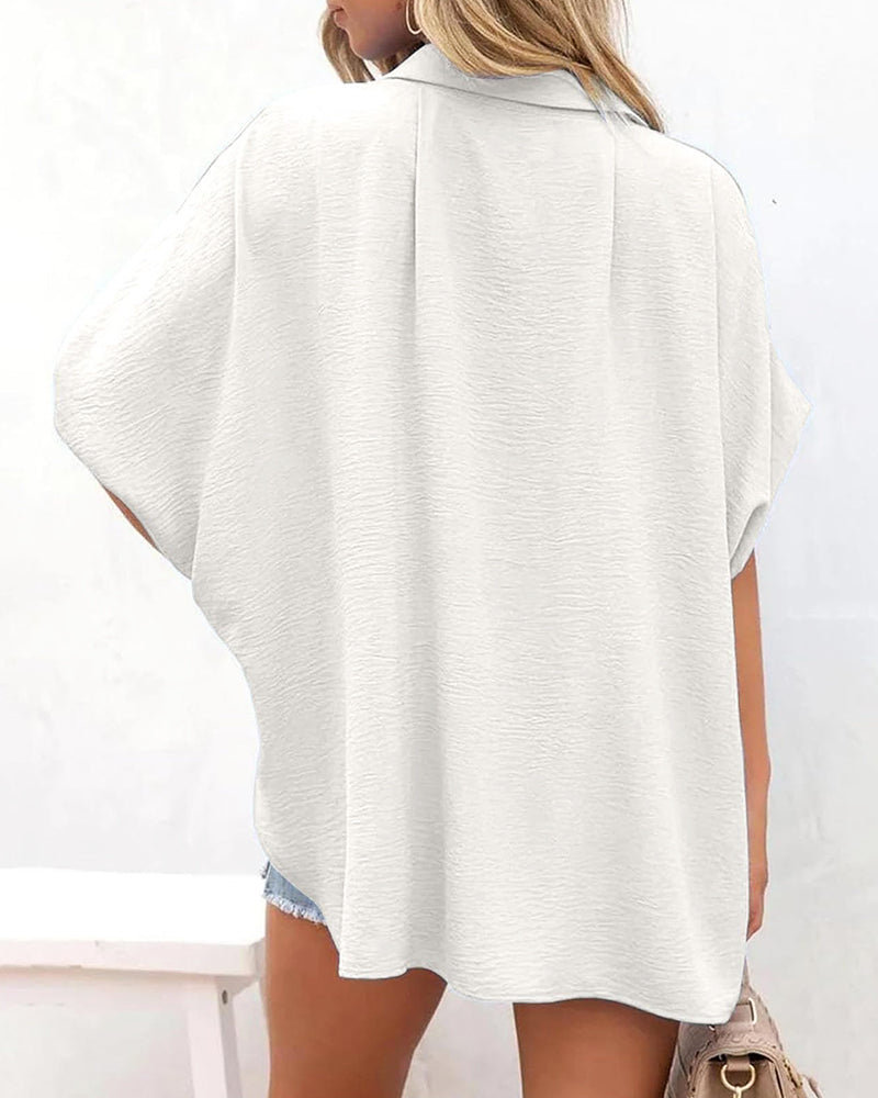 V Neck Batwing Short Sleeve Button Down Oversized Minimalist Blouse