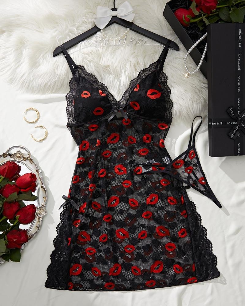 Lace Trim Cami Nightdress & Thong Sexy Lingerie Set