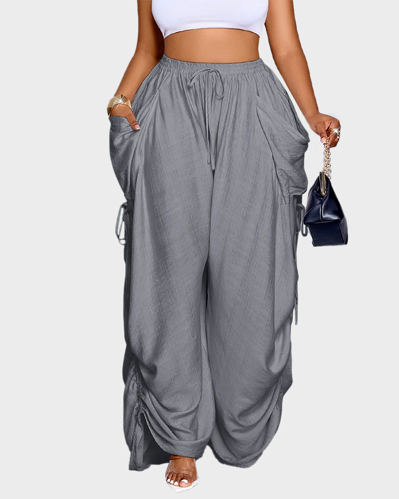 Women's Loose Fit Wide Leg Drawstring Pants Woven Plain