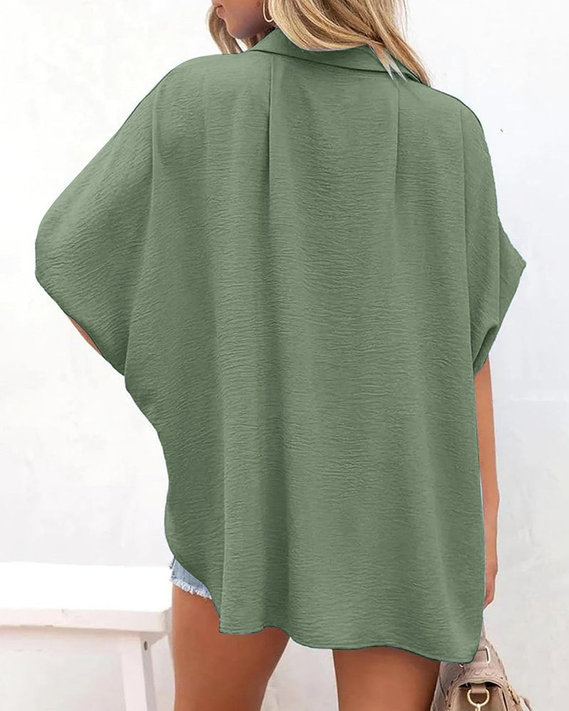 V Neck Batwing Short Sleeve Button Down Oversized Minimalist Blouse