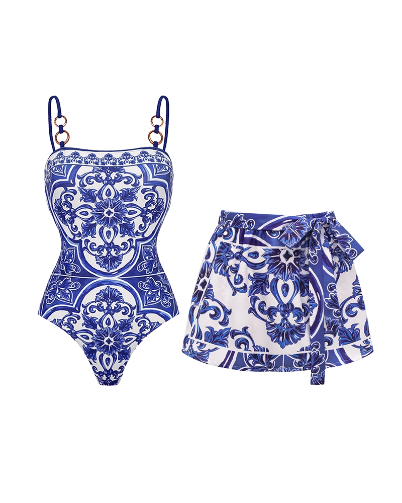 Sling Classic Majolica Series Pattern Print One Piece Swimsuit and Skirt or Shorts