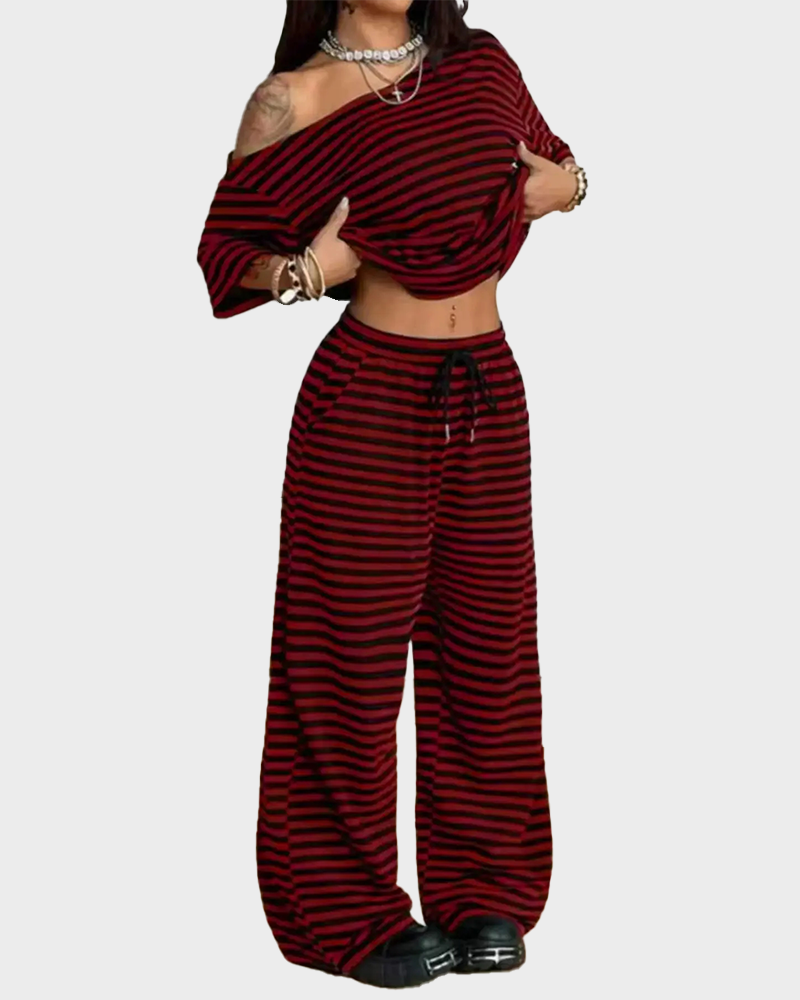 Casual Sporty Off Shoulder Top & Wide Leg Pants Daily Wear 2 Piece Set