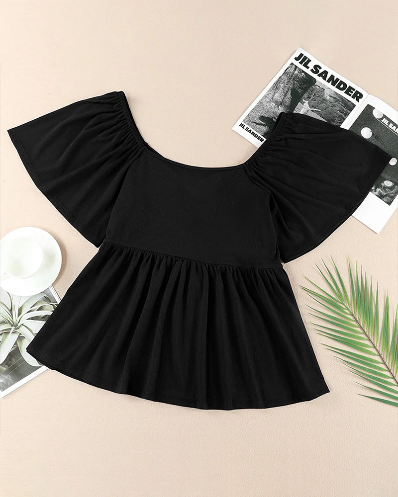 Plus Size Short Sleeve Sweetheart Neck Shirred Peplum Top Blouse