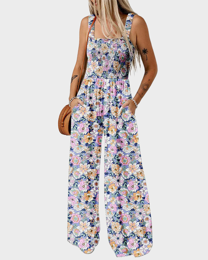 Bohemian Loose Sleeveless Printed Wide Leg Jumpsuit with Pockets Casual Romper