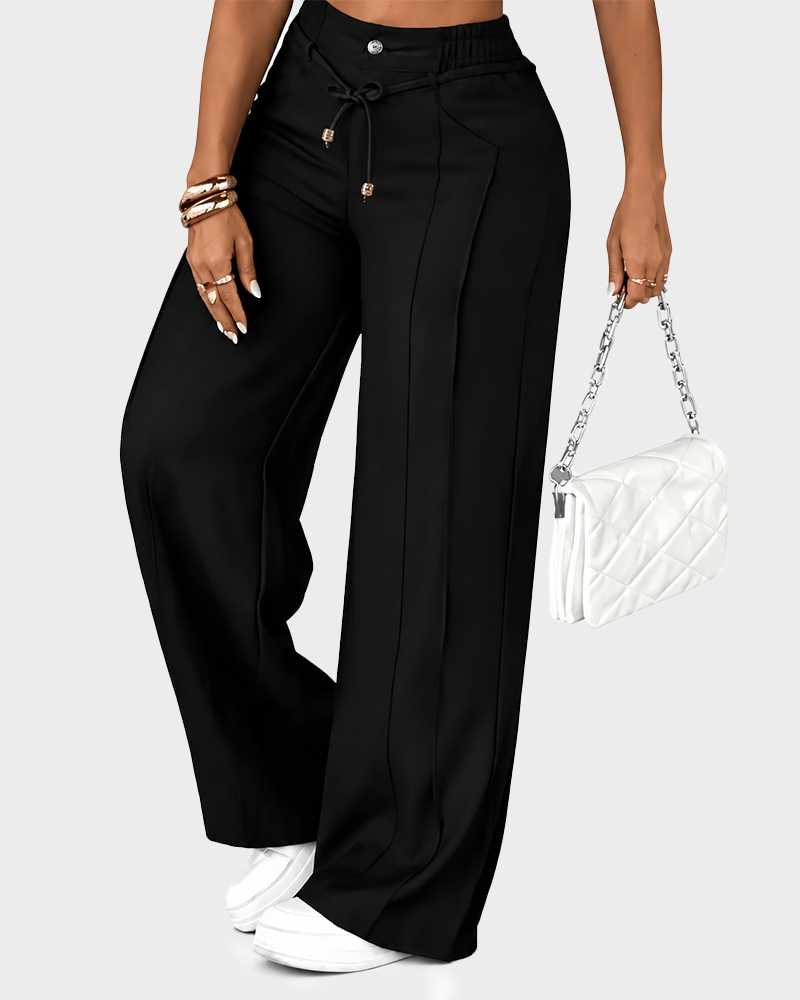 Women's High Waisted Wide Leg Casual Pants with Front Seam Drawstring