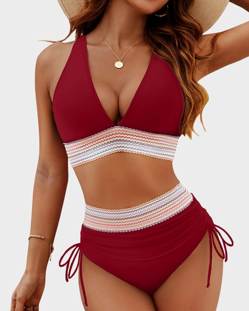High Waisted Tummy Control Color Block Bikini Sets