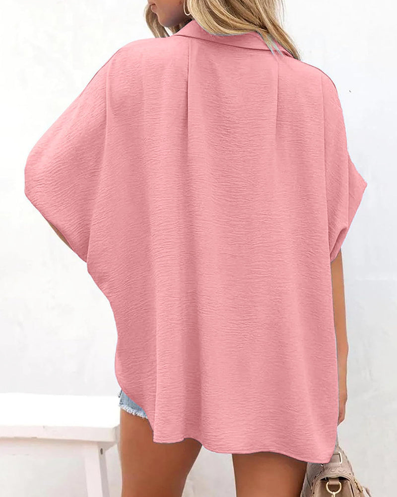 V Neck Batwing Short Sleeve Button Down Oversized Minimalist Blouse