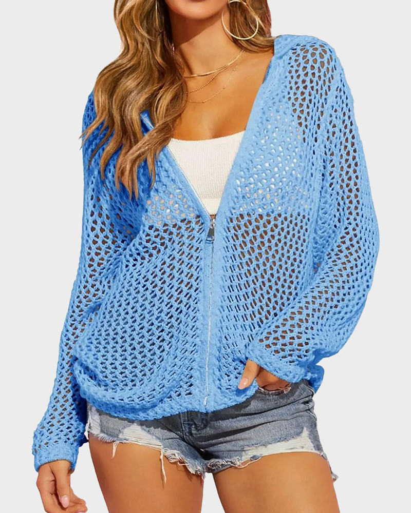 Crochet Lightweight Hooded Zip Up Mesh Beach Swimsuit Cover Up