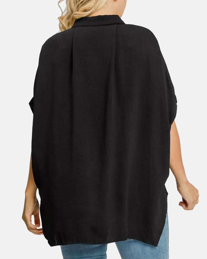 V Neck Batwing Short Sleeve Button Down Oversized Minimalist Blouse