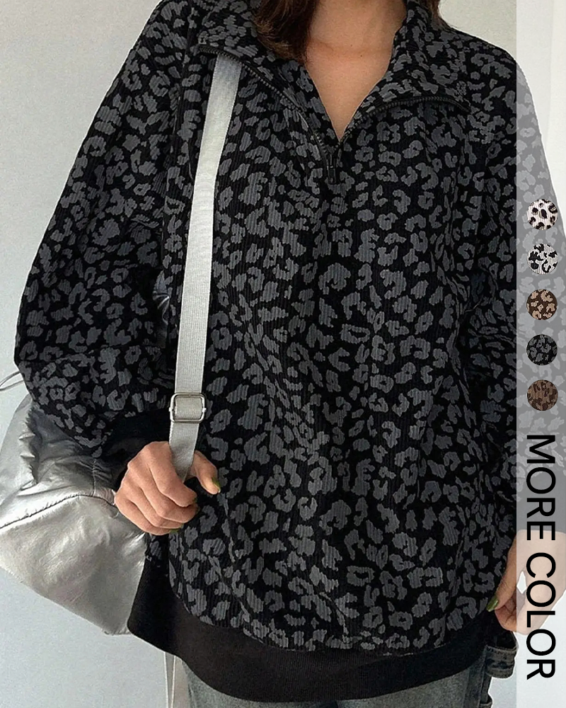 Leopard Print Oversized Half Zip Drop Shoulder Long Sleeve Casual Streetwear Top