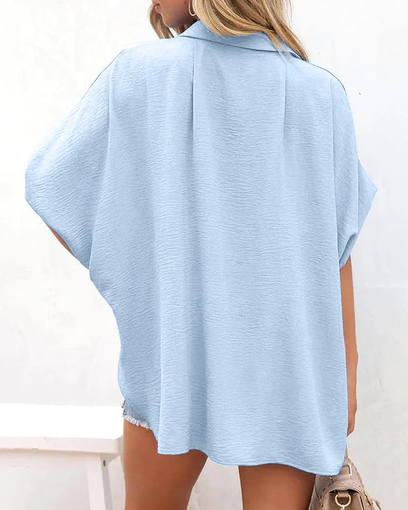 V Neck Batwing Short Sleeve Button Down Oversized Minimalist Blouse