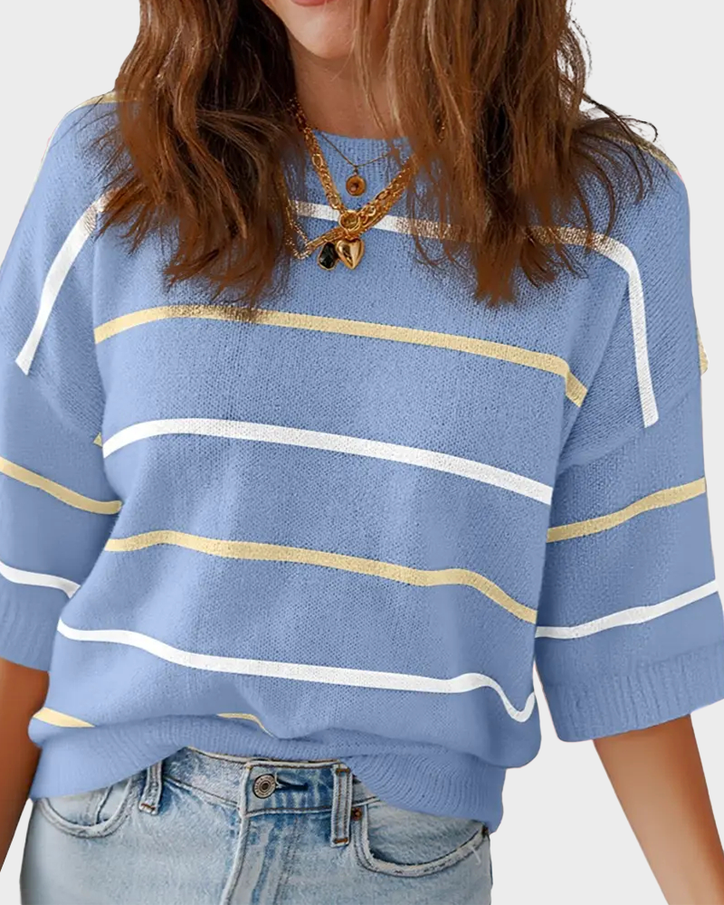 Striped Baggy Pullover Short Sleeve Round Neck Ribbed Cuff Top