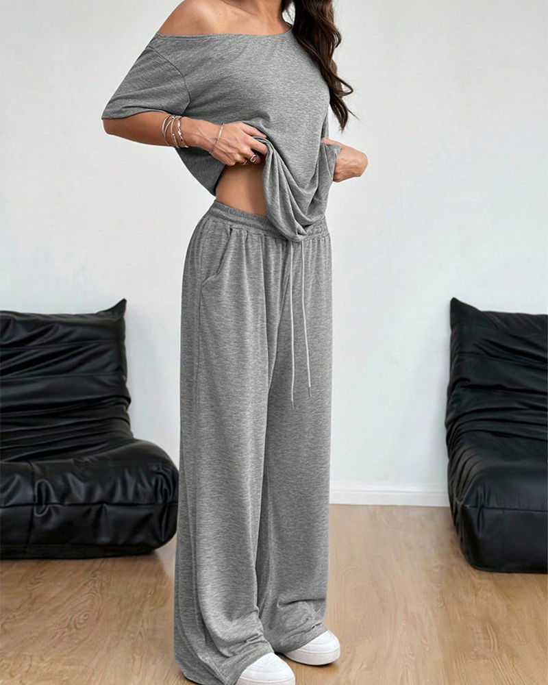Casual Sporty Off Shoulder Top & Wide Leg Pants Daily Wear 2 Piece Set
