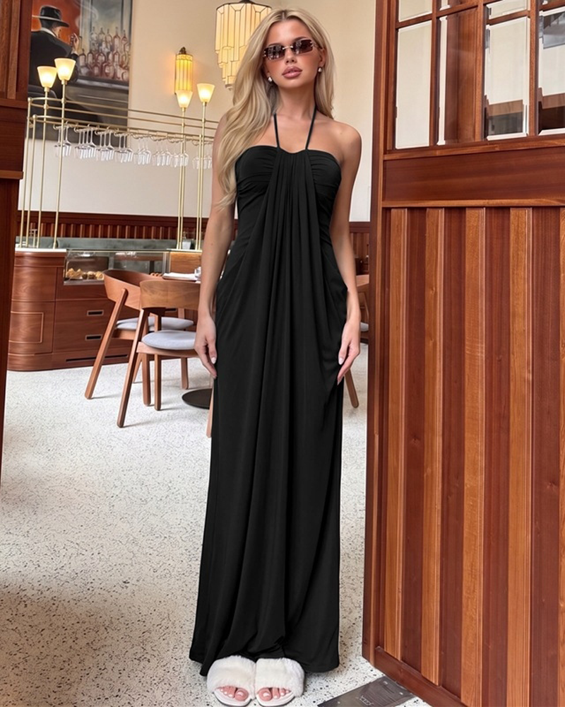 Strapless Halter Neck Sexy Backless with Pockets Tie Back Maxi Dress